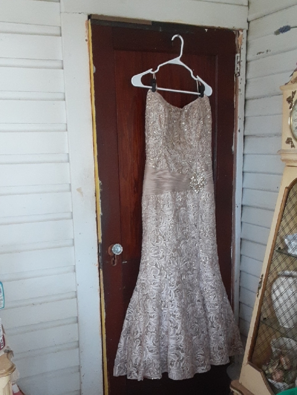Jovani Strapless Beaded Lace Mermaid Gown in Champagne